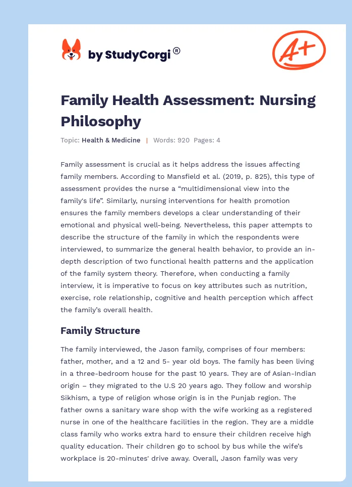 Family Health Assessment: Nursing Philosophy. Page 1