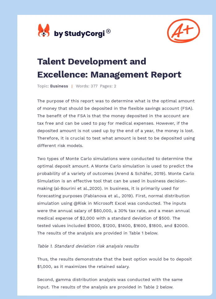 Talent Development and Excellence: Management Report. Page 1