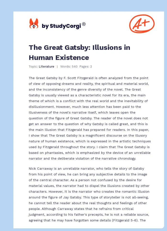 The Great Gatsby: Illusions in Human Existence. Page 1