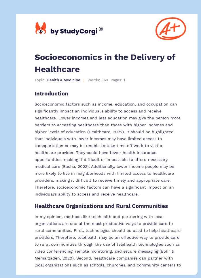 Socioeconomics in the Delivery of Healthcare. Page 1