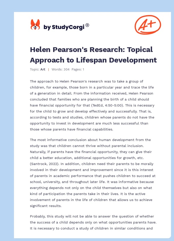 Helen Pearson's Research: Topical Approach to Lifespan Development. Page 1