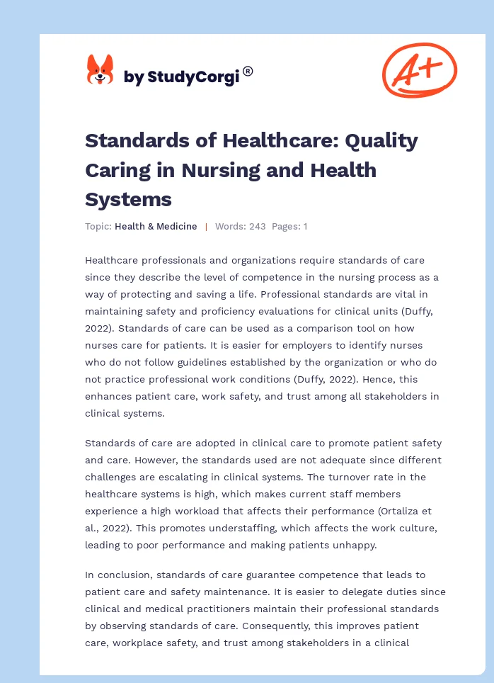 Standards of Healthcare: Quality Caring in Nursing and Health Systems. Page 1