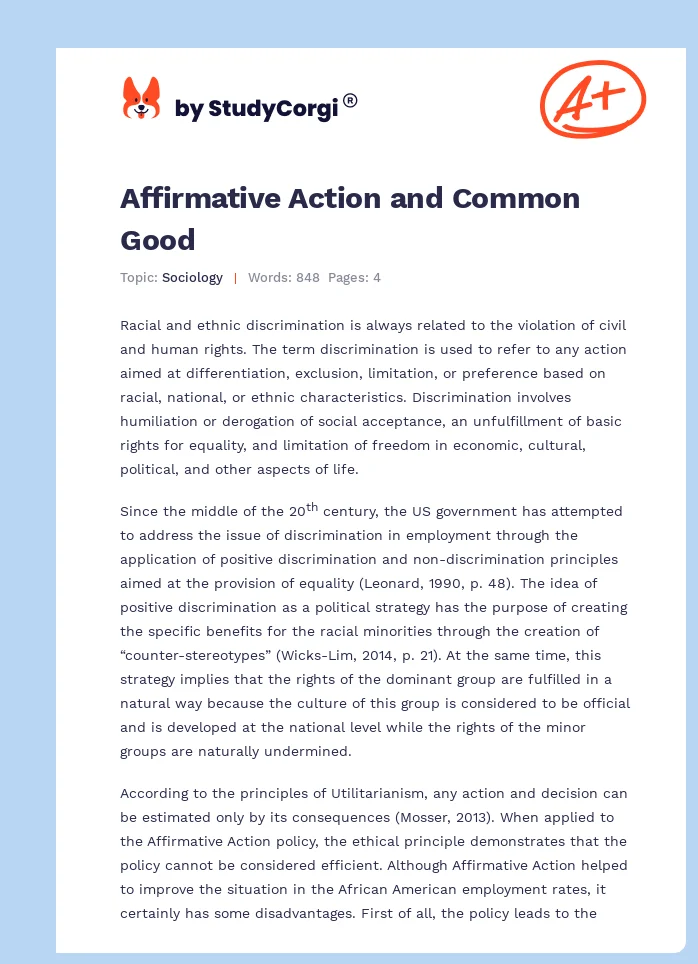 Affirmative Action and Common Good. Page 1
