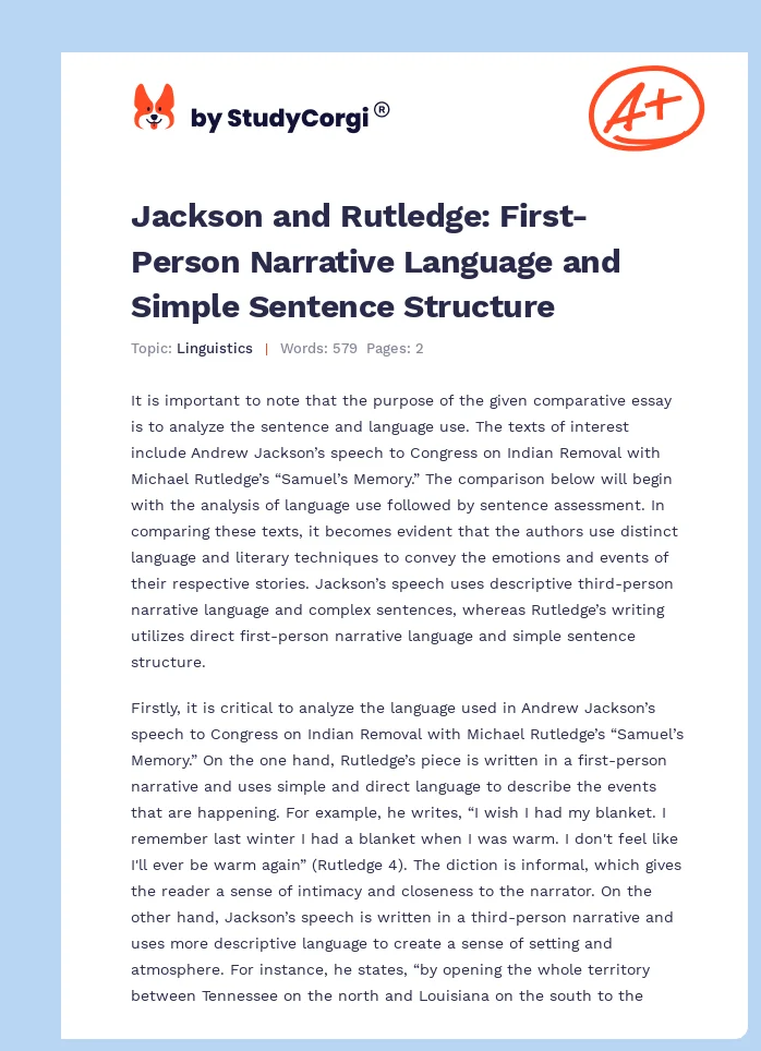 Jackson and Rutledge: First-Person Narrative Language and Simple Sentence Structure. Page 1