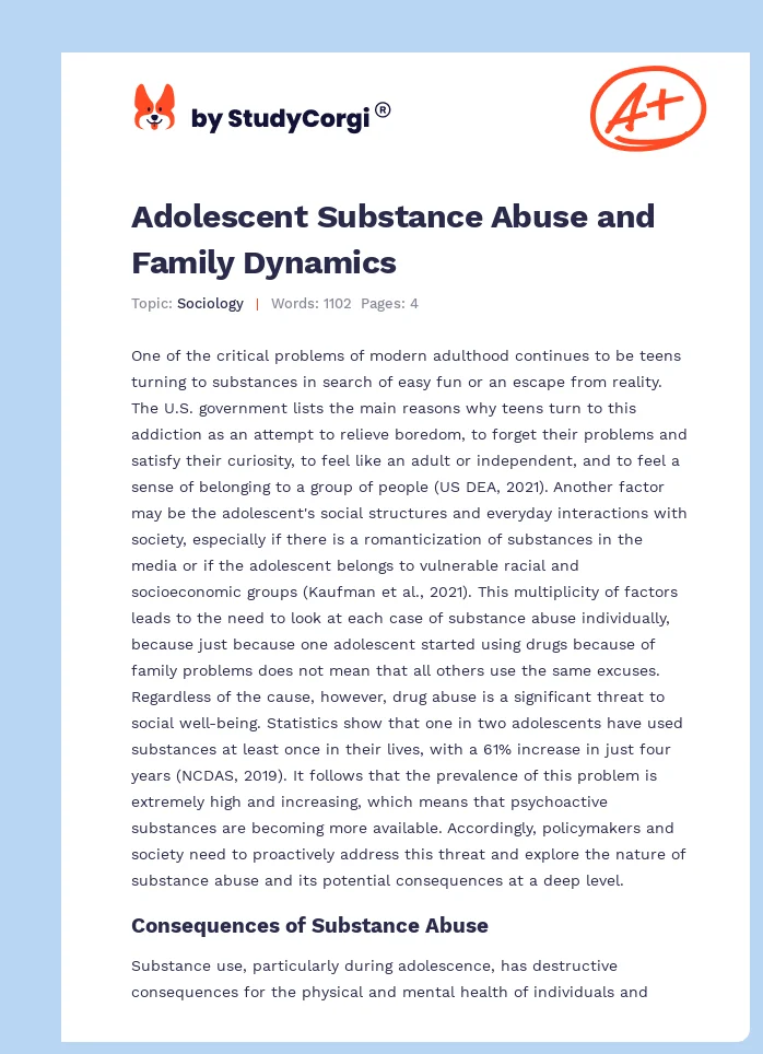 Adolescent Substance Abuse and Family Dynamics. Page 1
