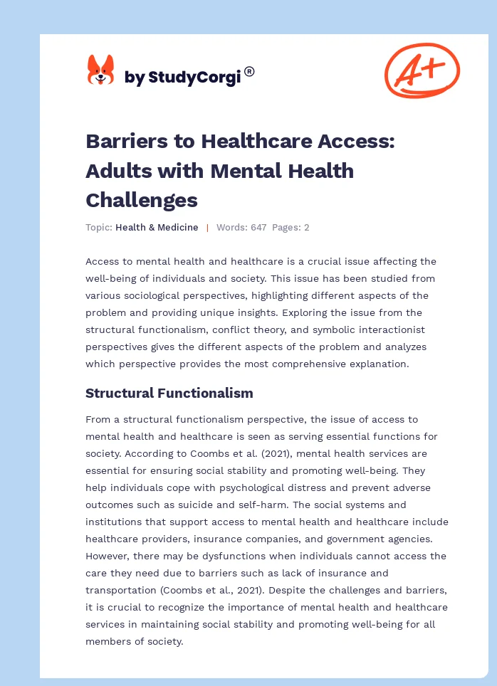 Barriers to Healthcare Access: Adults with Mental Health Challenges. Page 1