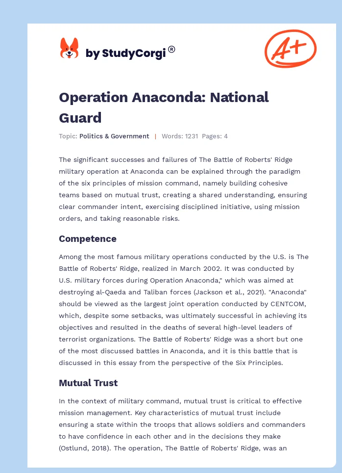 Operation Anaconda: National Guard. Page 1