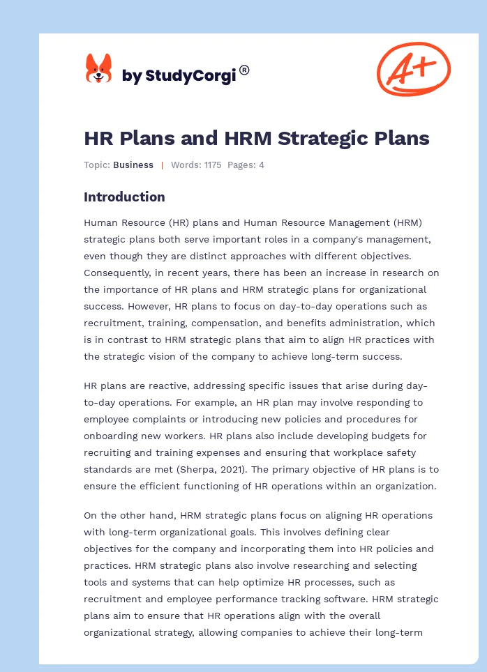 HR Plans and HRM Strategic Plans. Page 1