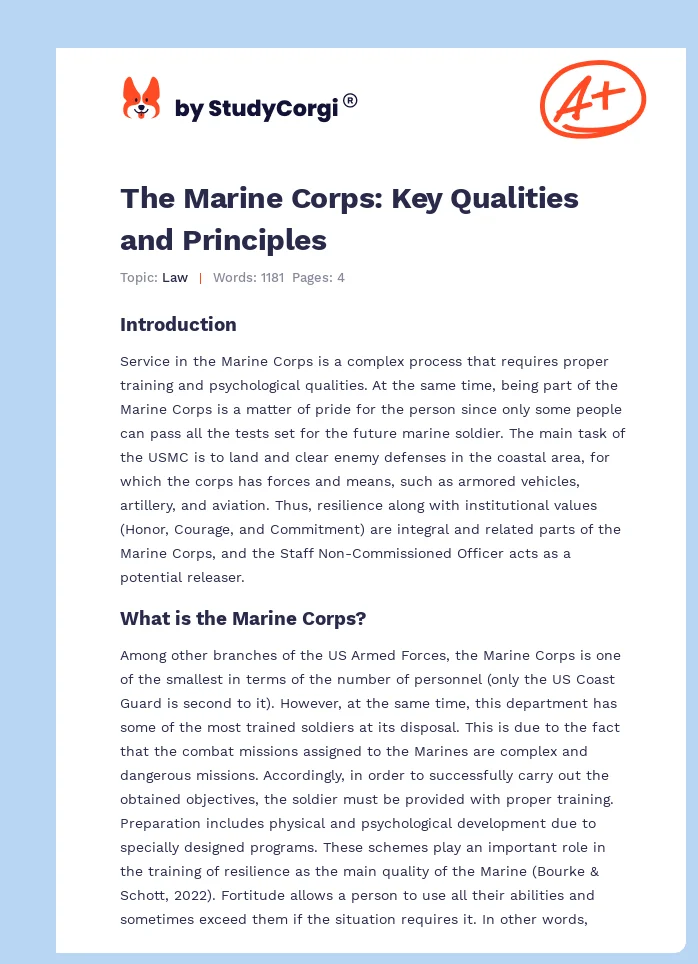 The Marine Corps: Key Qualities and Principles. Page 1
