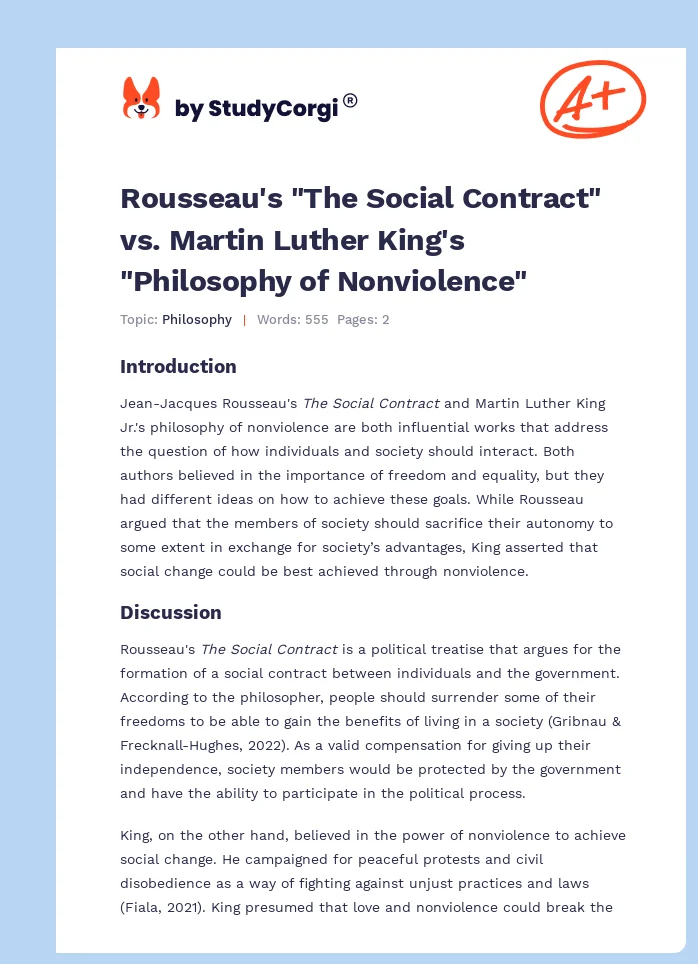 Rousseau's "The Social Contract" vs. Martin Luther King's "Philosophy of Nonviolence". Page 1