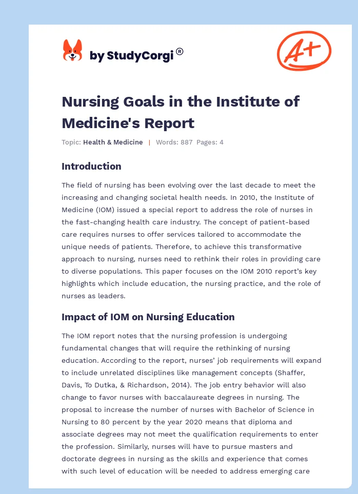 Nursing Goals in the Institute of Medicine's Report. Page 1