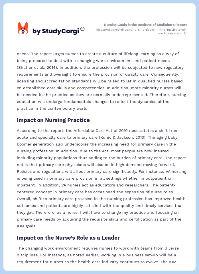Nursing Goals in the Institute of Medicine's Report. Page 2