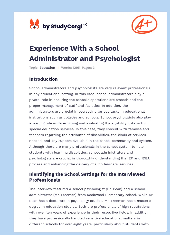 Experience With a School Administrator and Psychologist. Page 1