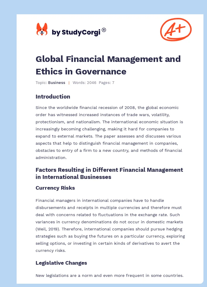 Global Financial Management and Ethics in Governance. Page 1