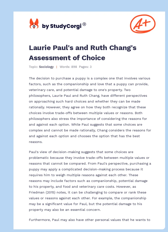 Laurie Paul's and Ruth Chang's Assessment of Choice. Page 1