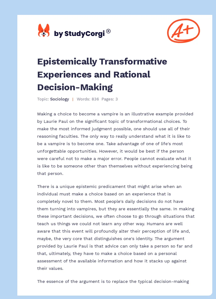 Epistemically Transformative Experiences and Rational Decision-Making. Page 1