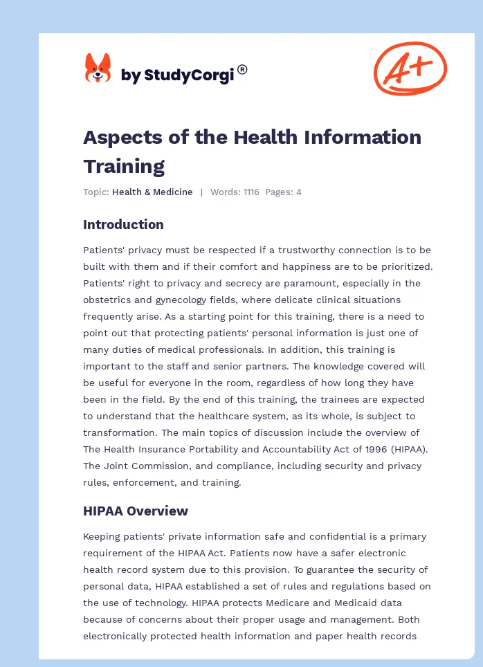 Aspects of the Health Information Training. Page 1