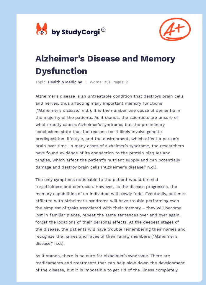Alzheimer’s Disease and Memory Dysfunction. Page 1