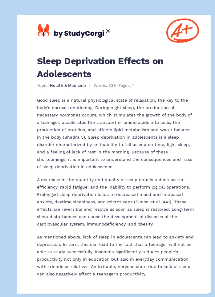 Sleep Deprivation Effects on Adolescents. Page 1
