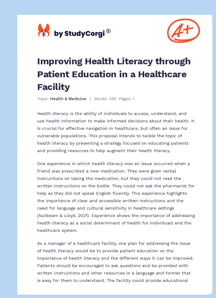 Improving Health Literacy through Patient Education in a Healthcare Facility. Page 1