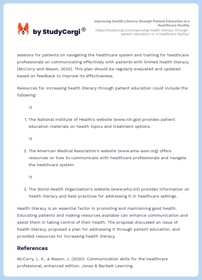 Improving Health Literacy through Patient Education in a Healthcare Facility. Page 2