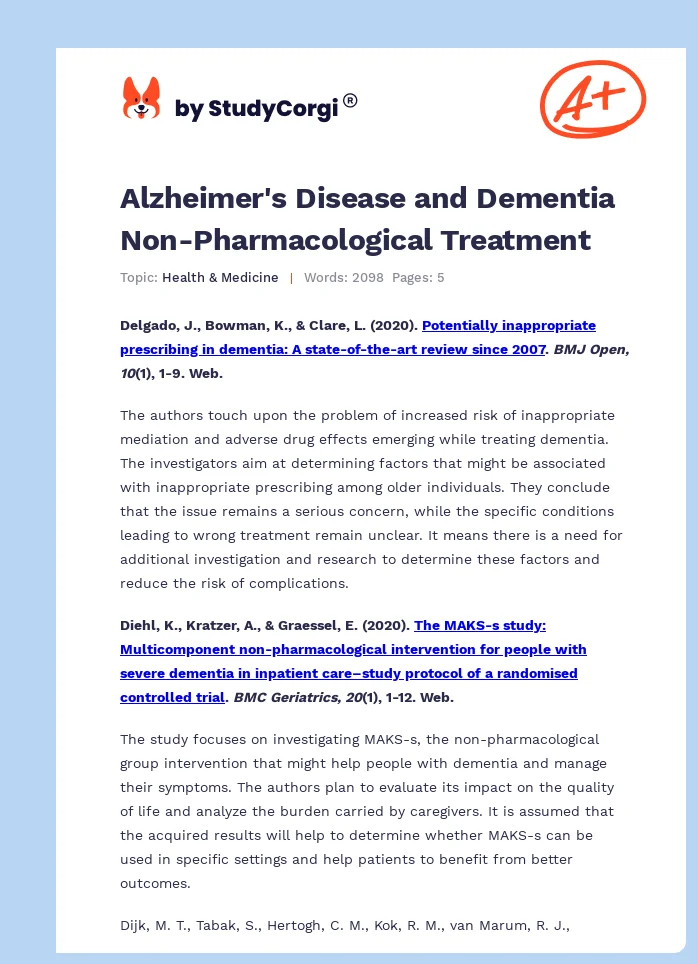 Alzheimer's Disease and Dementia Non-Pharmacological Treatment. Page 1