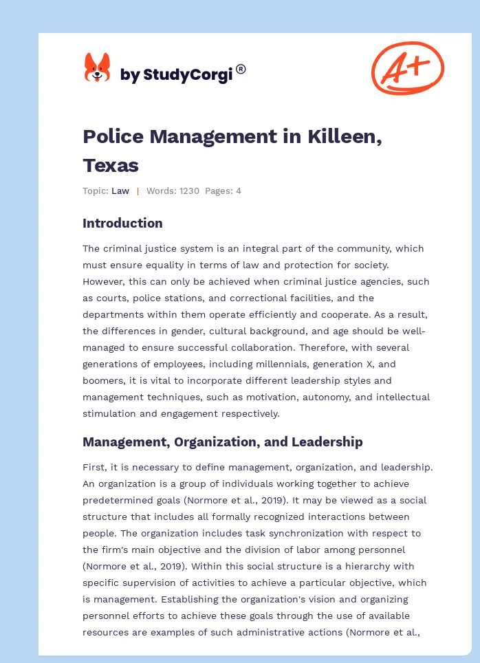 Police Management in Killeen, Texas. Page 1
