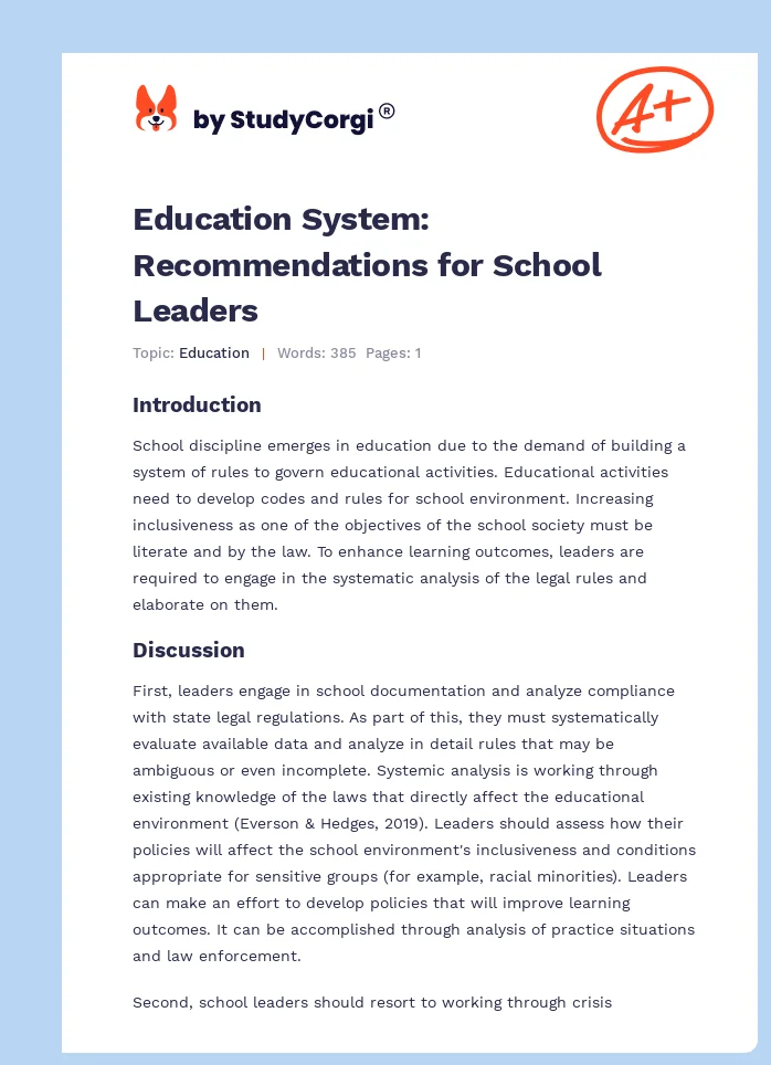 Education System: Recommendations for School Leaders. Page 1