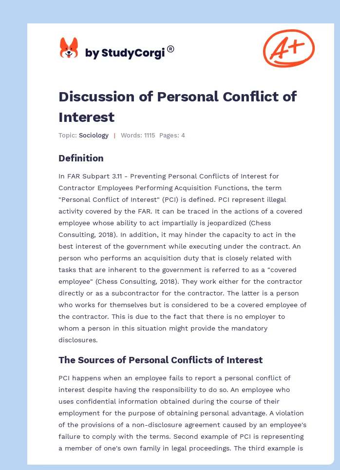 Discussion of Personal Conflict of Interest. Page 1