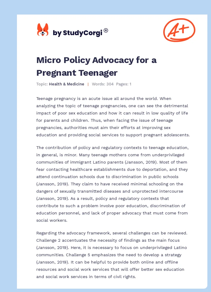 Micro Policy Advocacy for a Pregnant Teenager. Page 1