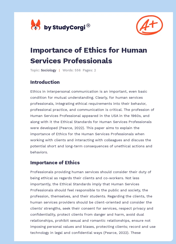Importance of Ethics for Human Services Professionals. Page 1