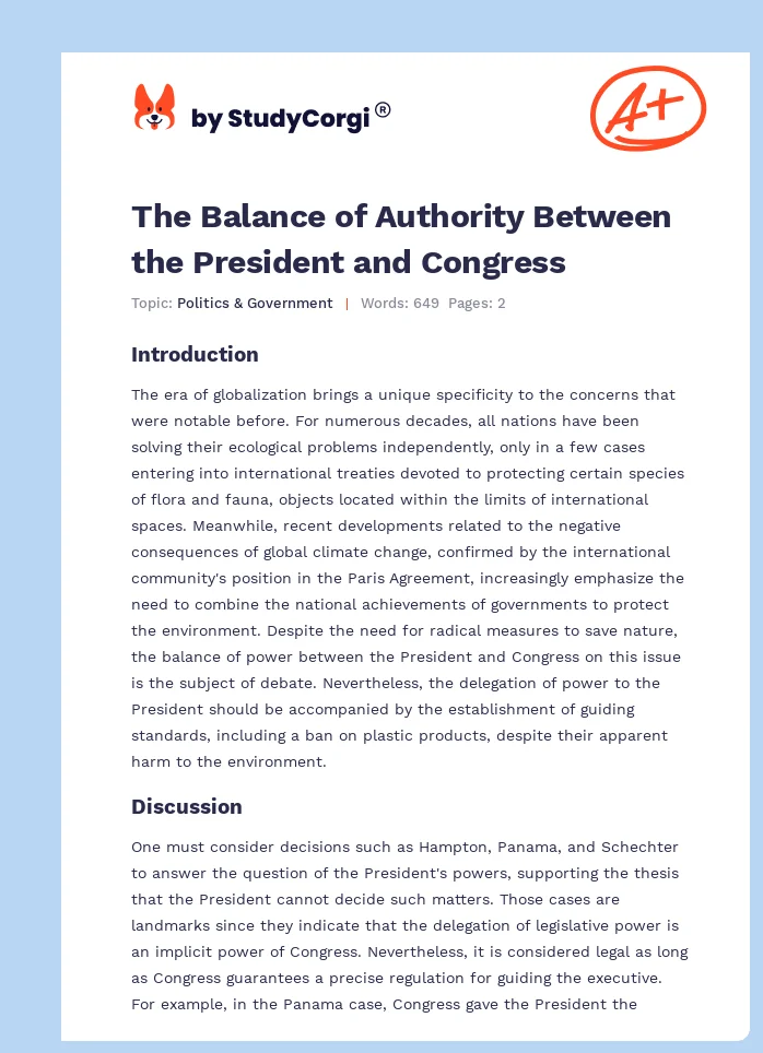 The Balance of Authority Between the President and Congress. Page 1