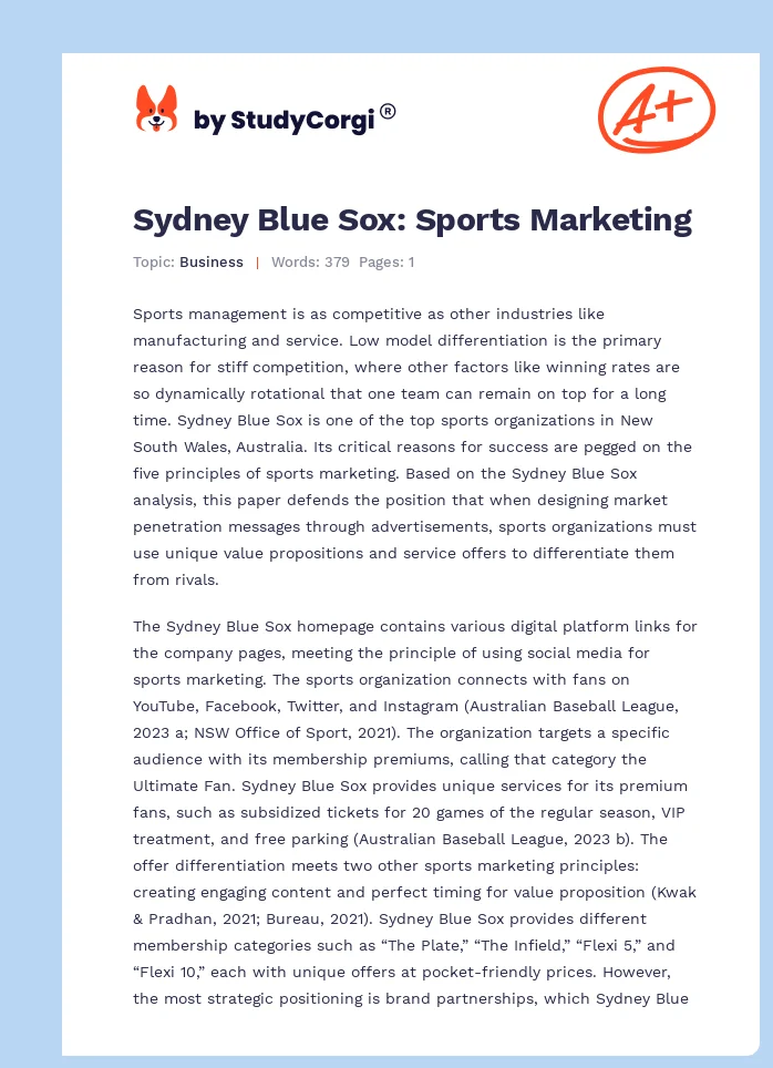 Sydney Blue Sox: Sports Marketing. Page 1