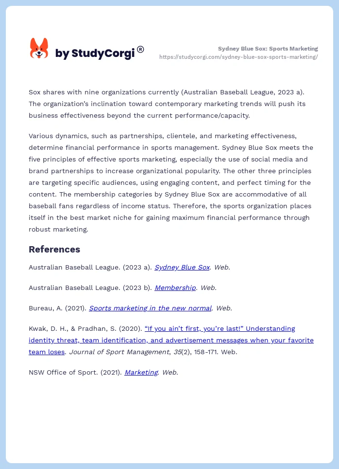 Sydney Blue Sox: Sports Marketing. Page 2