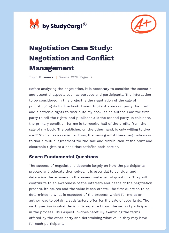 Negotiation Case Study: Negotiation and Conflict Management. Page 1