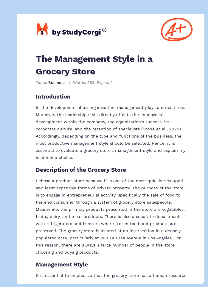 The Management Style in a Grocery Store. Page 1