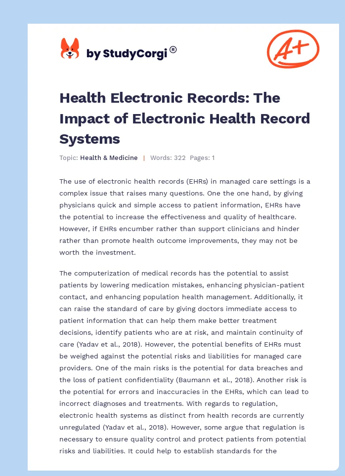 Health Electronic Records: The Impact of Electronic Health Record Systems. Page 1