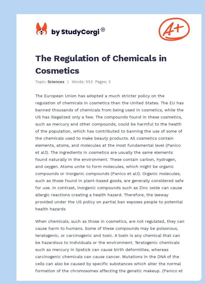 The Regulation of Chemicals in Cosmetics. Page 1