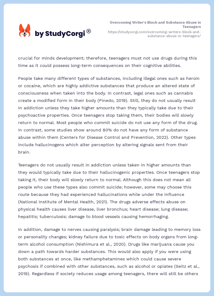 Overcoming Writer's Block and Substance Abuse in Teenagers. Page 2