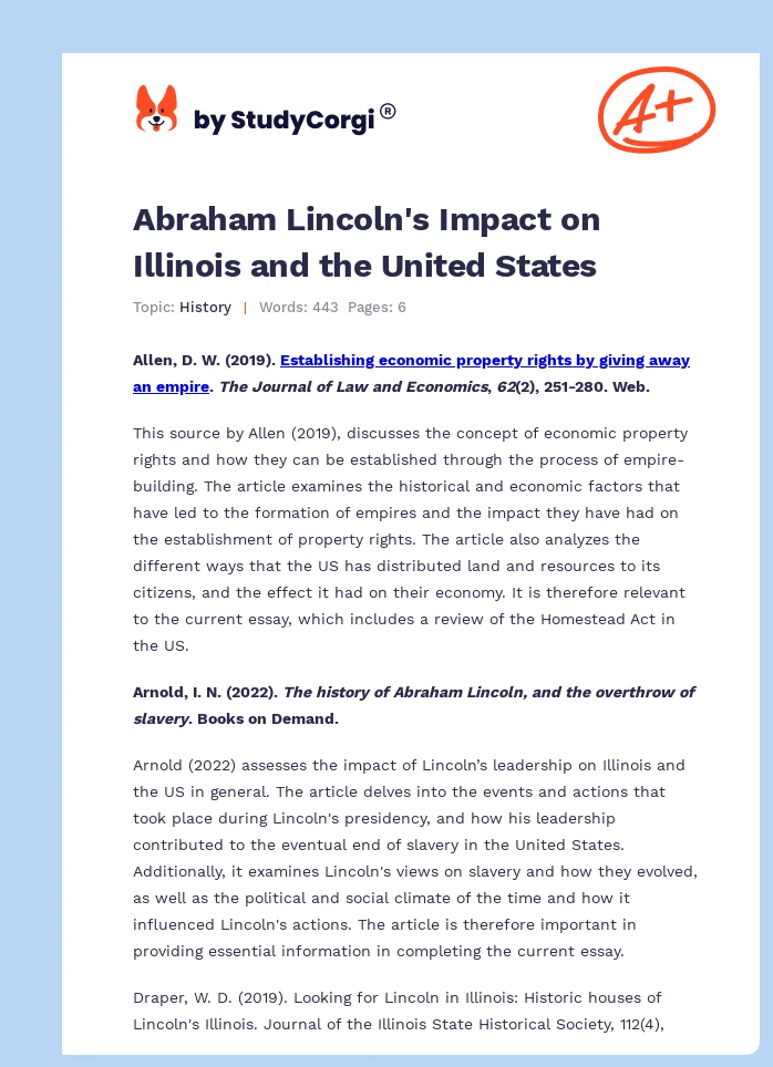 Abraham Lincoln's Impact on Illinois and the United States. Page 1