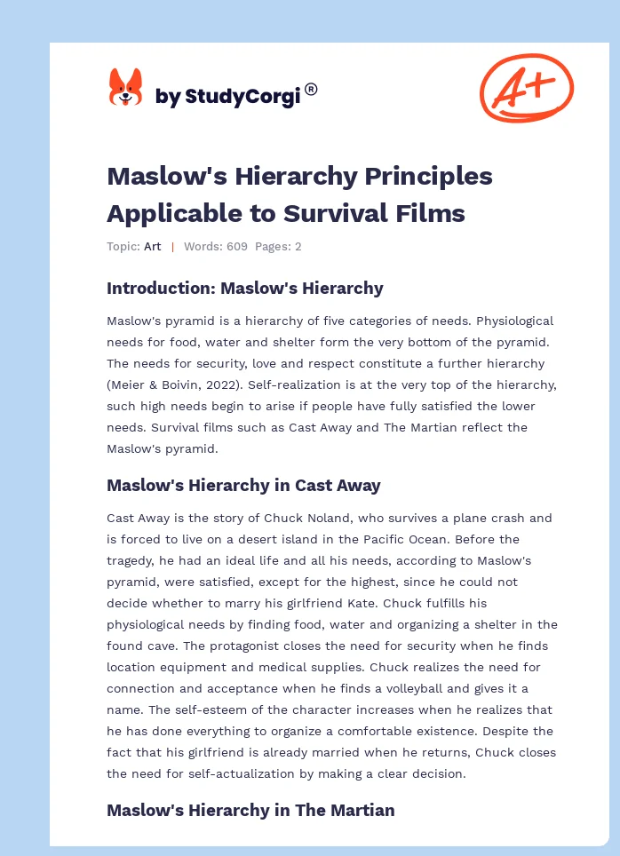 Maslow's Hierarchy Principles Applicable to Survival Films. Page 1