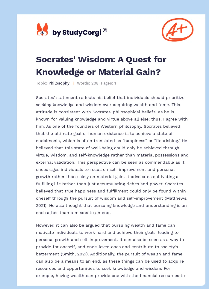 Socrates' Wisdom: A Quest for Knowledge or Material Gain?. Page 1