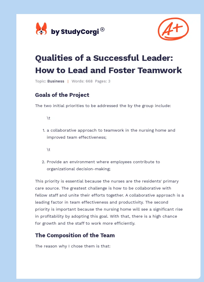 Qualities of a Successful Leader: How to Lead and Foster Teamwork. Page 1
