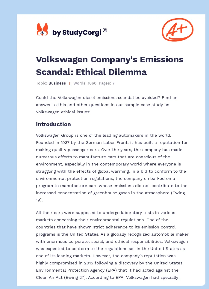 Volkswagen Company's Emissions Scandal: Ethical Dilemma. Page 1