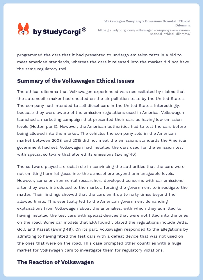 Volkswagen Company's Emissions Scandal: Ethical Dilemma. Page 2