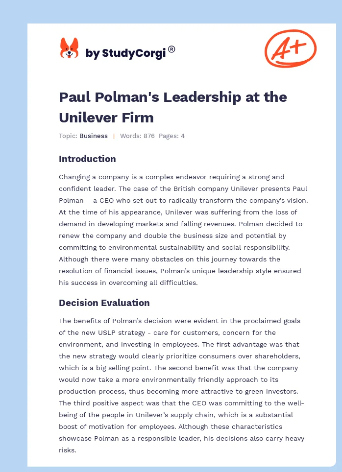 Paul Polman's Leadership at the Unilever Firm. Page 1