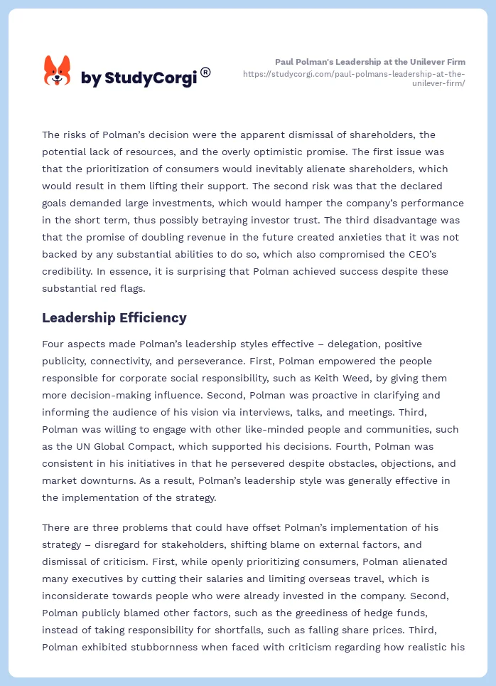 Paul Polman's Leadership at the Unilever Firm. Page 2