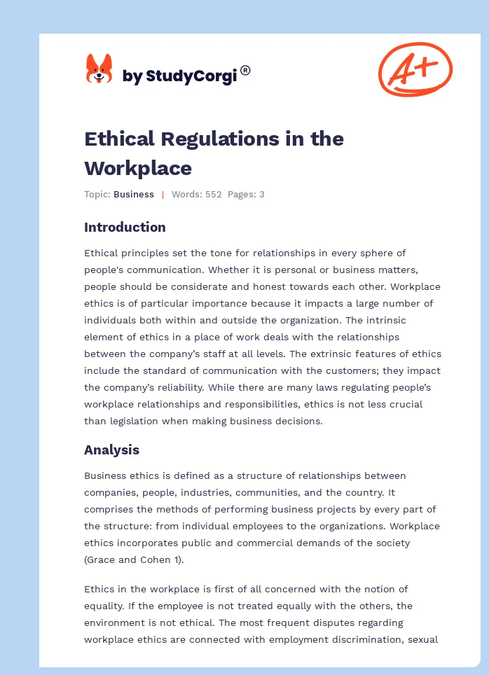 Ethical Regulations in the Workplace. Page 1