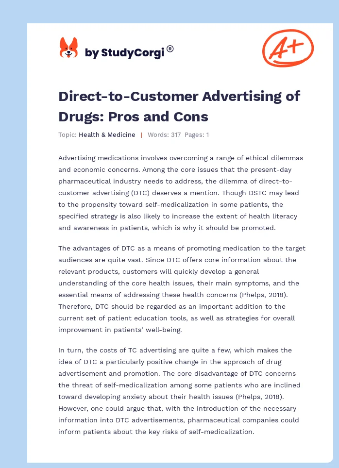 Direct-to-Customer Advertising of Drugs: Pros and Cons. Page 1