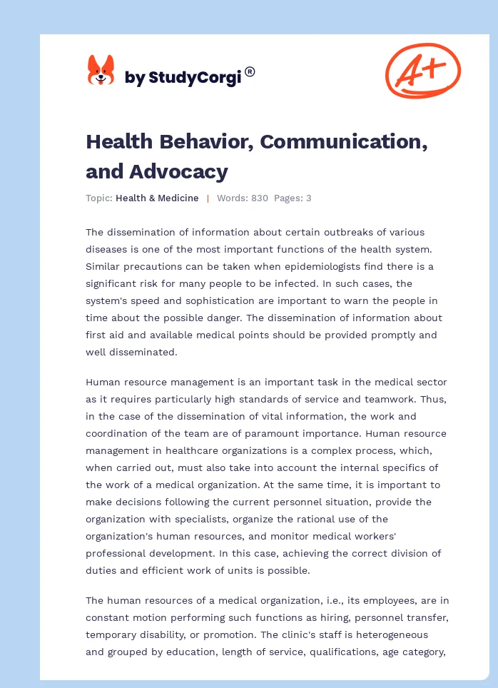 Health Behavior, Communication, and Advocacy. Page 1
